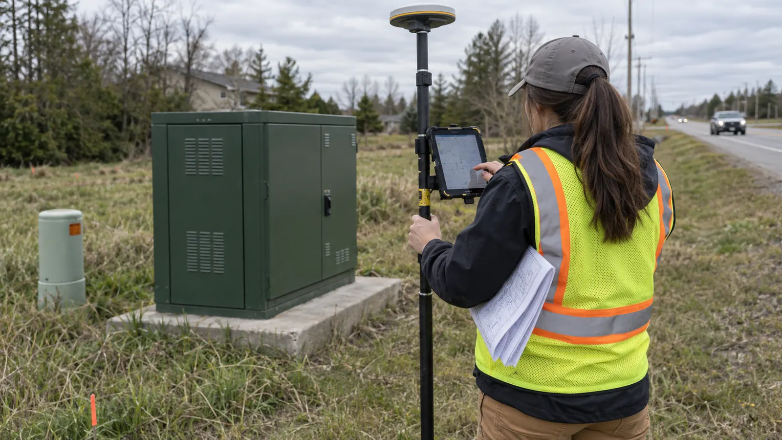 A worker in a safety vest holds a survey pole and taps a map on a tablet beside a green cabinet on a grassy roadside.