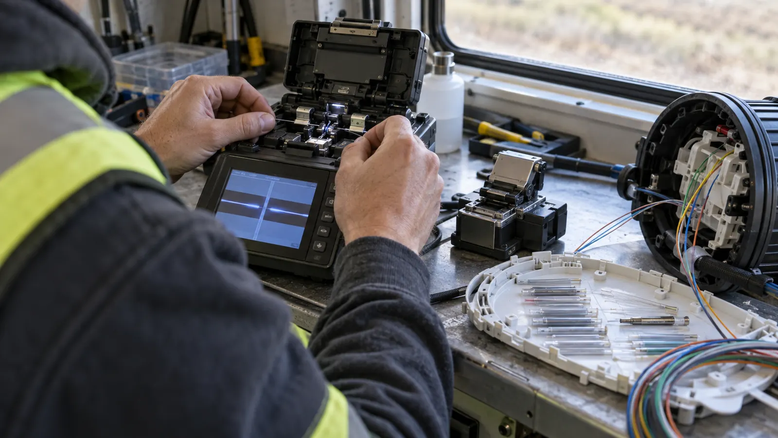 A worker in a hi-vis vest feeds fiber into a fusion splicer on a bench by a window, beside an open splice closure.