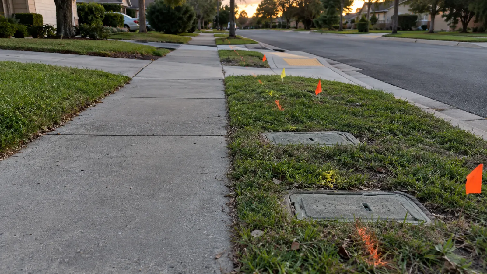 Utility-locate paint, survey flags, and closed handholes mark a proposed underground corridor beside a sidewalk.