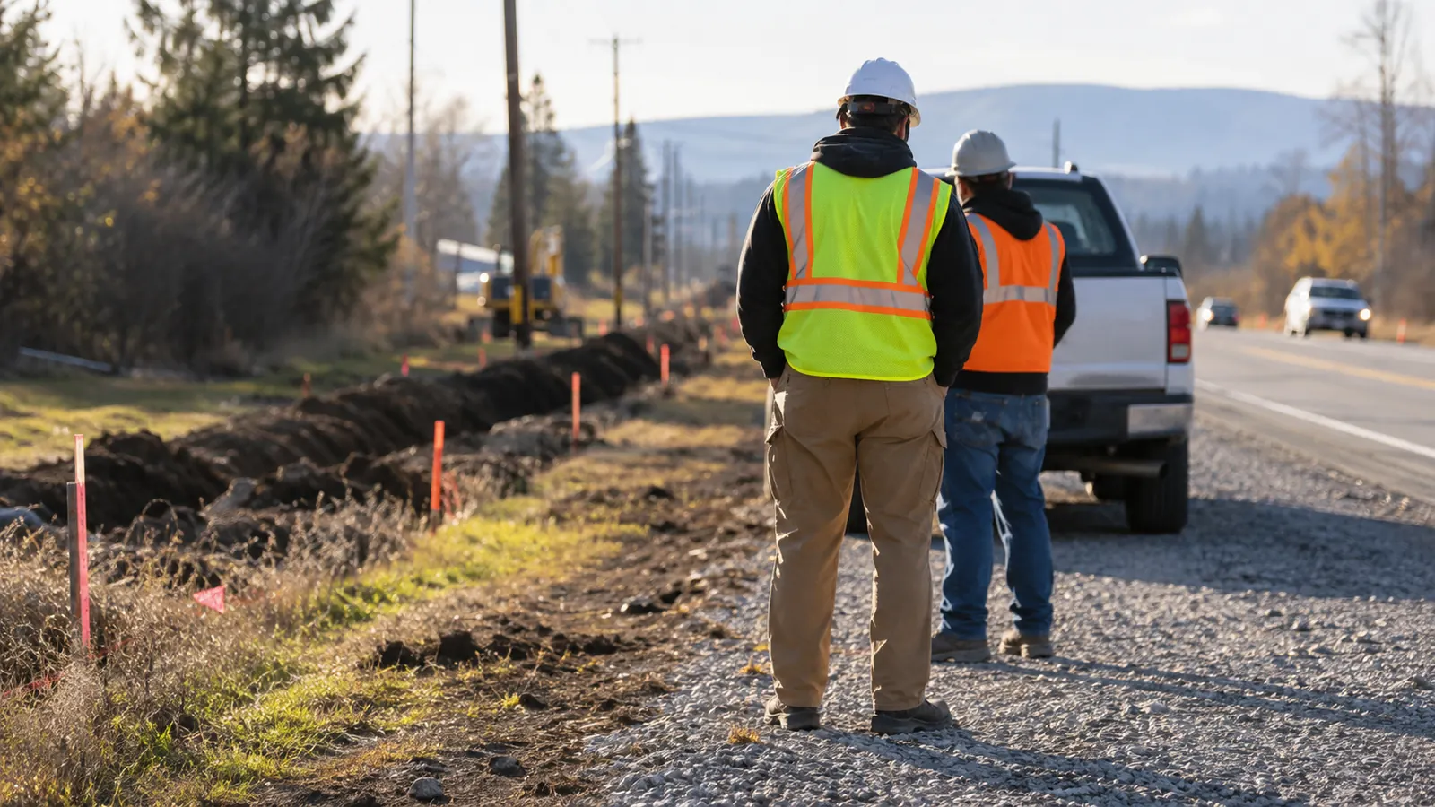 Two workers in hard hats and vests stand by a white pickup on a gravel shoulder beside a flagged roadside trench.