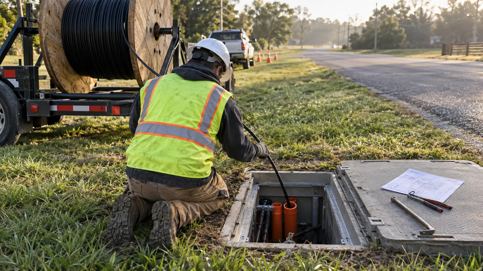 A worker in a hard hat and safety vest kneels by an open roadside vault, feeding cable from a trailer-mounted reel.