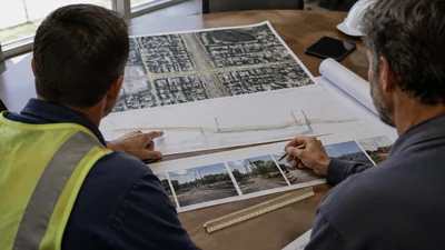 Two project reviewers compare an aerial route map, plan-profile drawing, and street photos at a worktable.