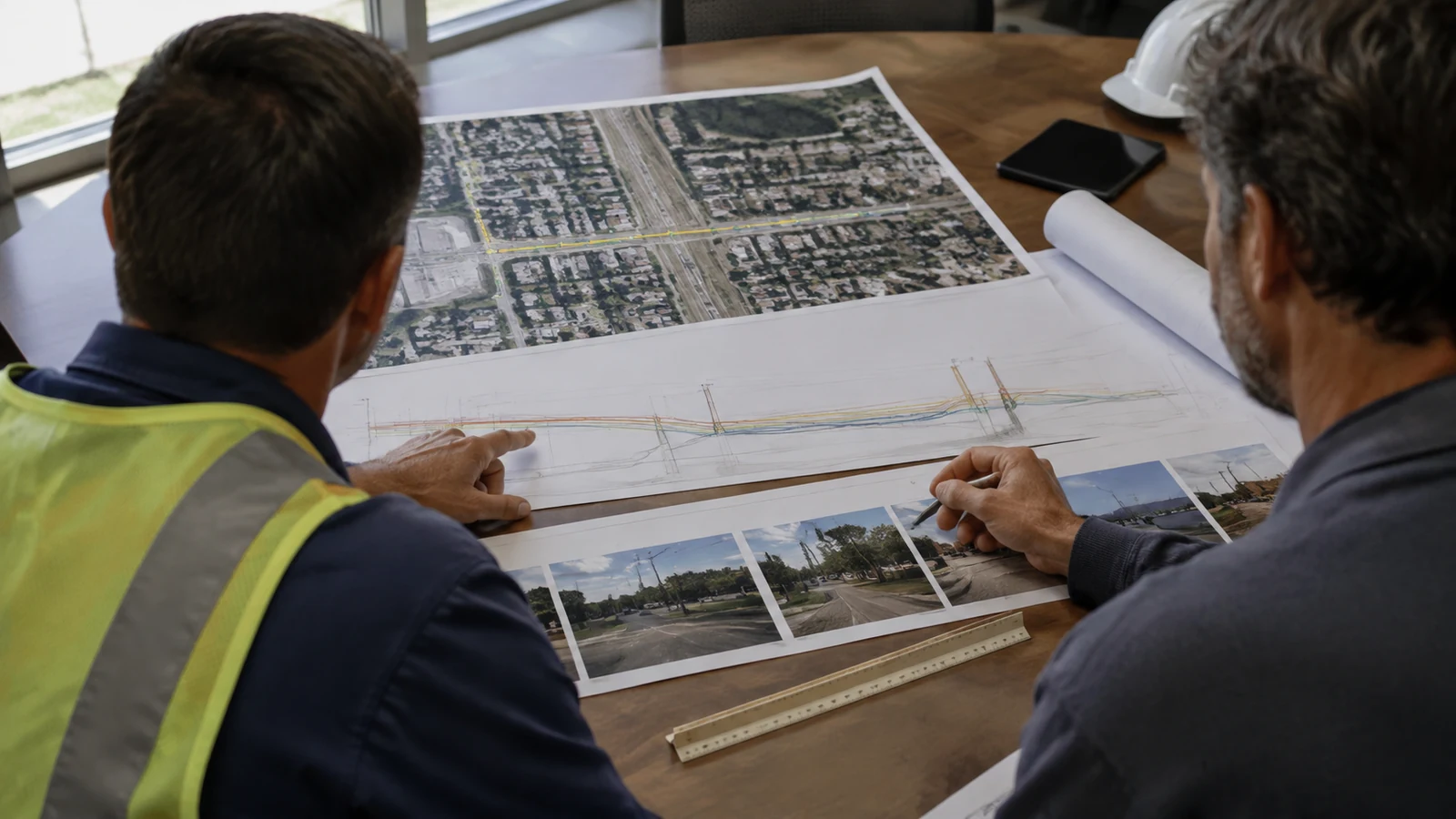 Two project reviewers compare an aerial route map, plan-profile drawing, and street photos at a worktable.