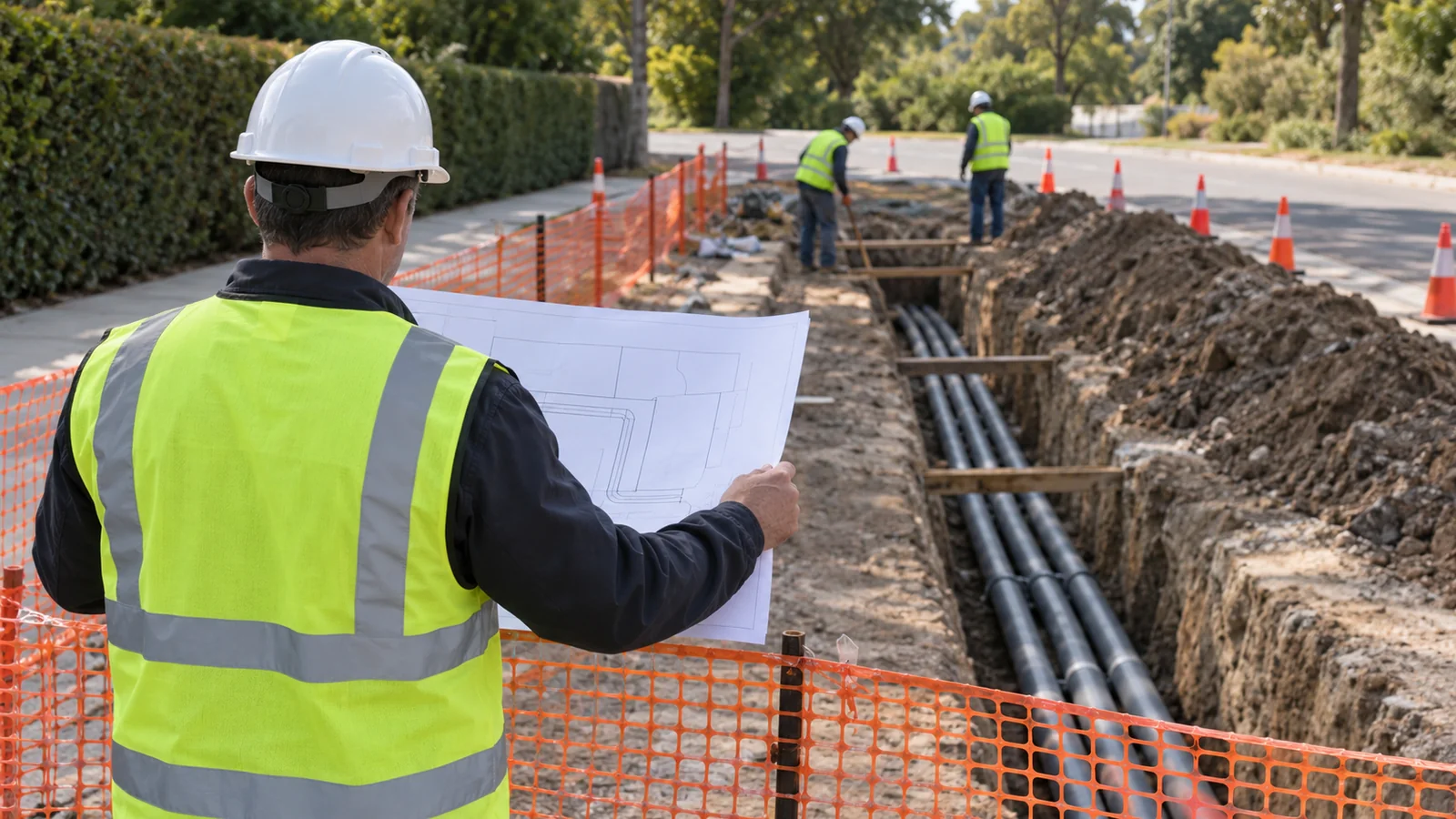 Rear-view construction manager reviews a conduit trench workfront from outside the barricaded area.