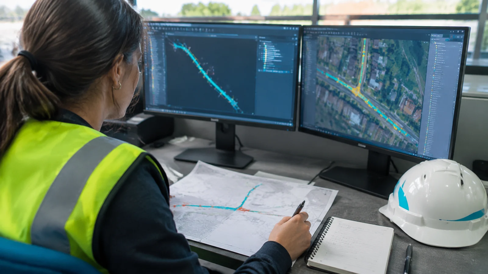 A worker reviews a route map on paper and GIS views on two monitors at a desk.