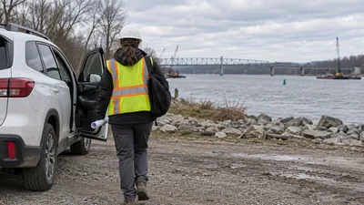 A worker in a hard hat and safety vest walks from a white SUV toward a riverbank, carrying rolled plans, with a truss bridge ahead.