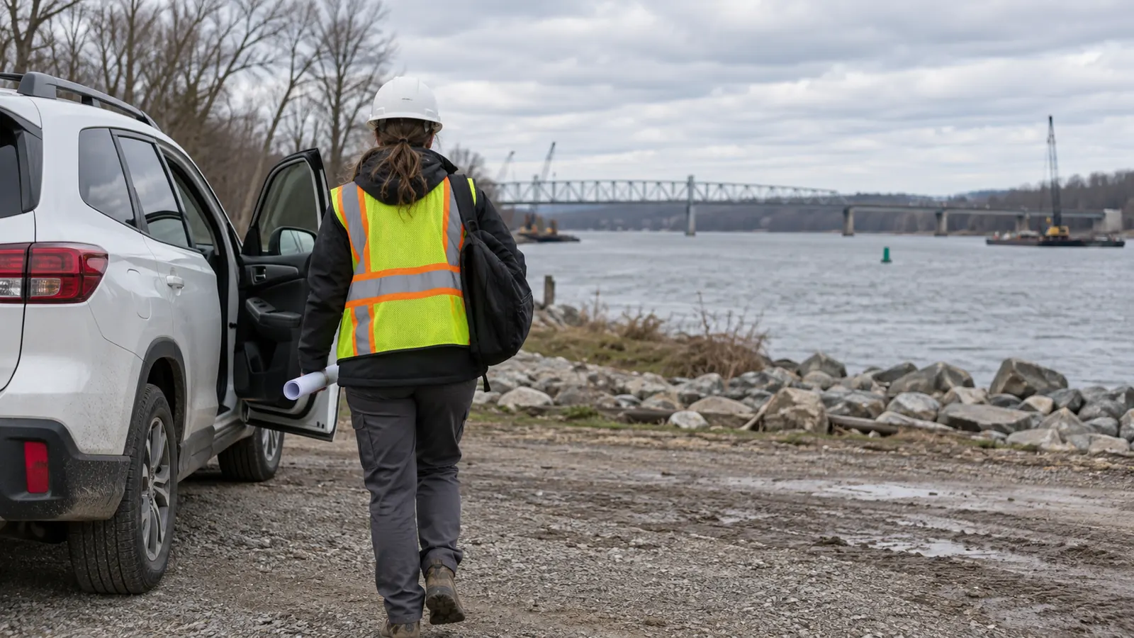 A worker in a hard hat and safety vest walks from a white SUV toward a riverbank, carrying rolled plans, with a truss bridge ahead.