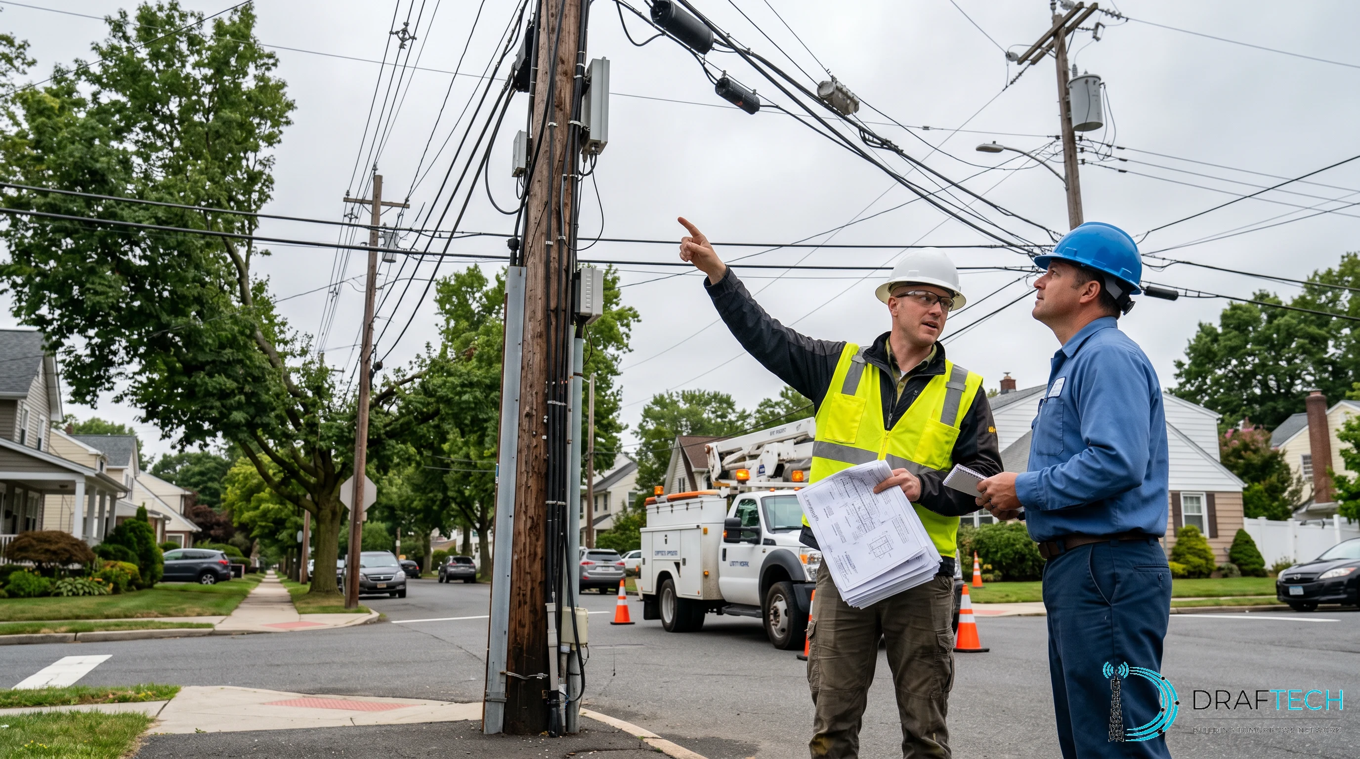 OSP engineer and utility company representative coordinating overhead wire conflicts at a utility pole with construction drawings