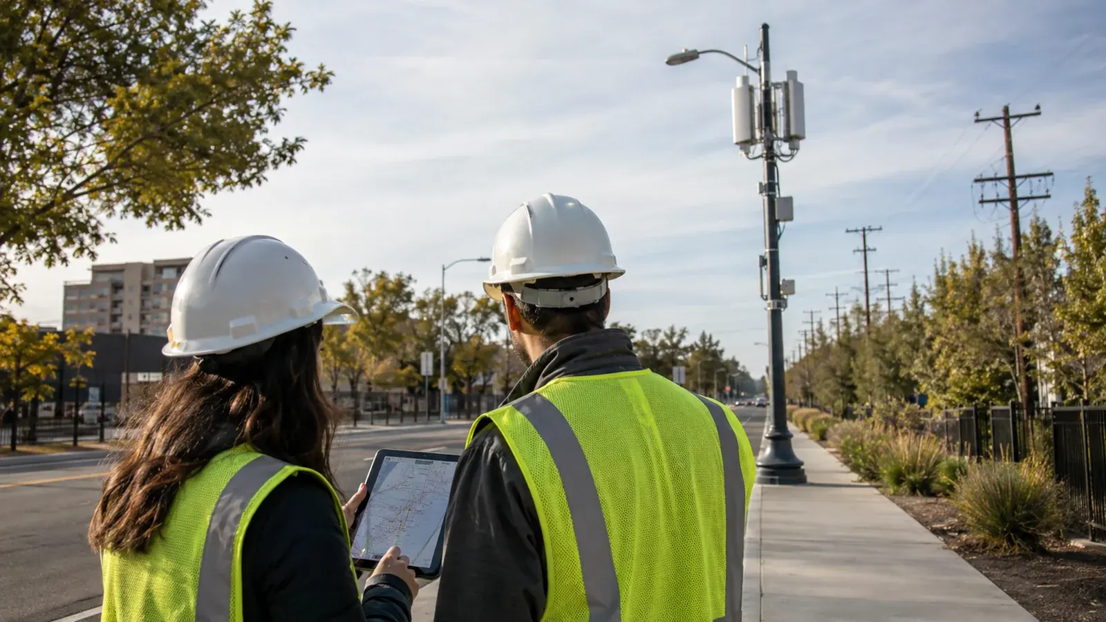 Two hard-hatted people in high-visibility vests review a tablet on a sidewalk near pole-mounted wireless equipment and overhead distribution lines.