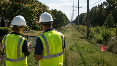 Two workers in hard hats and high-visibility vests review a map on a tablet beside a utility corridor.
