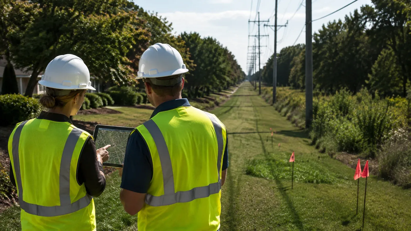 Two workers in hard hats and high-visibility vests review a map on a tablet beside a utility corridor.