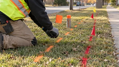 A kneeling worker in a safety vest places an orange flag in roadside grass marked with orange and red paint lines.