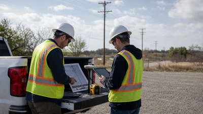 OSP field engineers reviewing utility pole inventory data before attachment measurements