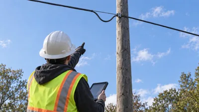 Worker in a white hard hat and safety vest holds a tablet and points up at a cable loop on a wooden utility pole.