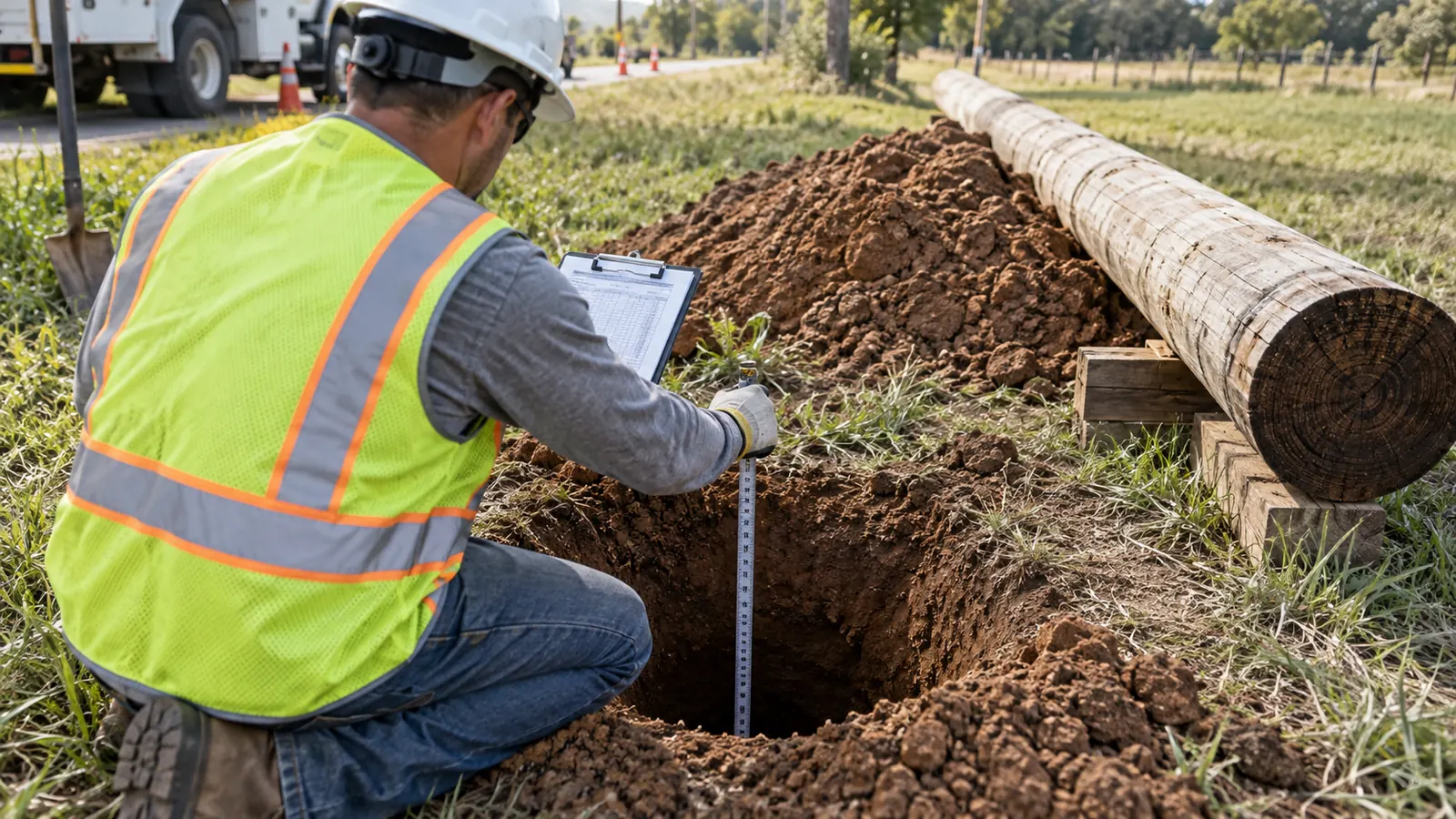 A kneeling worker in a hard hat and vest measures a hole's depth beside a wooden pole on blocks, a white truck behind.