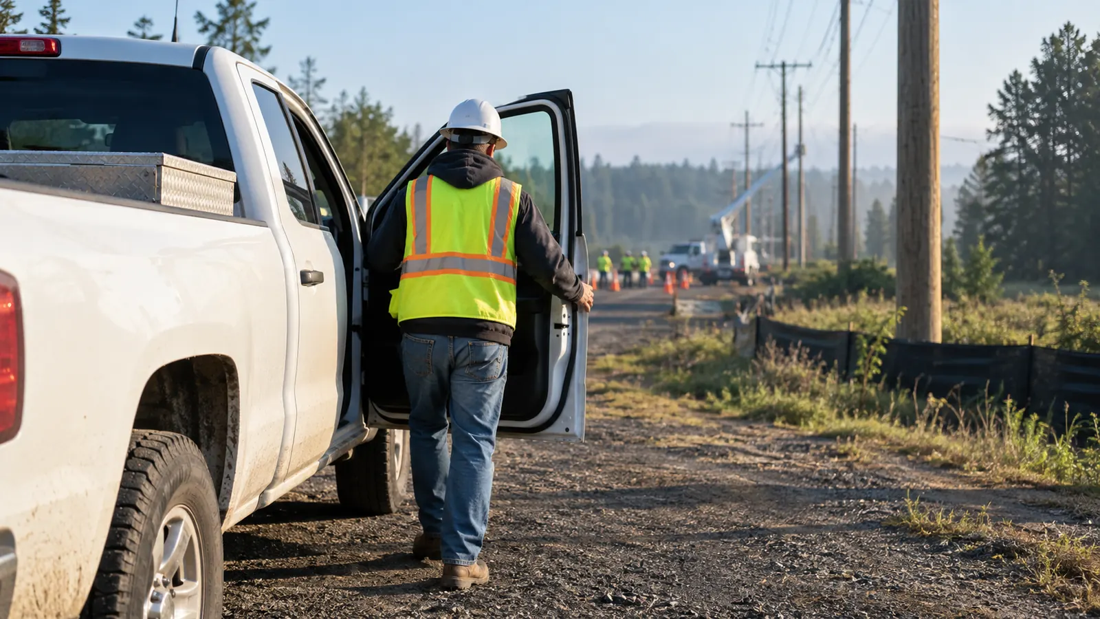 A worker in a hard hat and safety vest opens a white pickup's door on a gravel road lined with wooden utility poles.