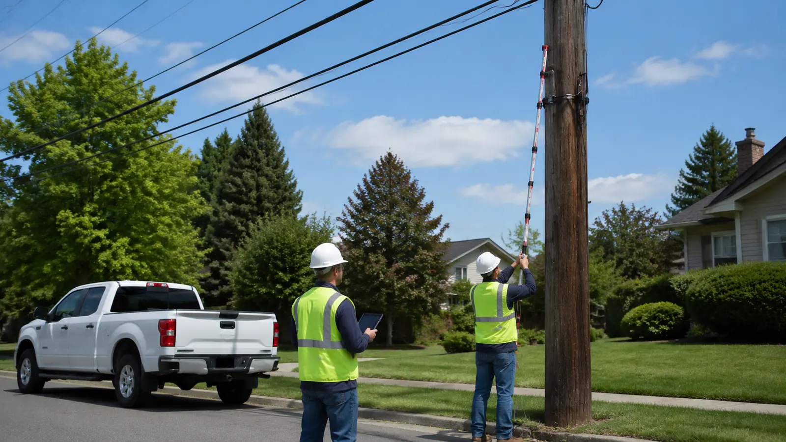 Technicians measuring attachment heights on a wood utility pole from the ground