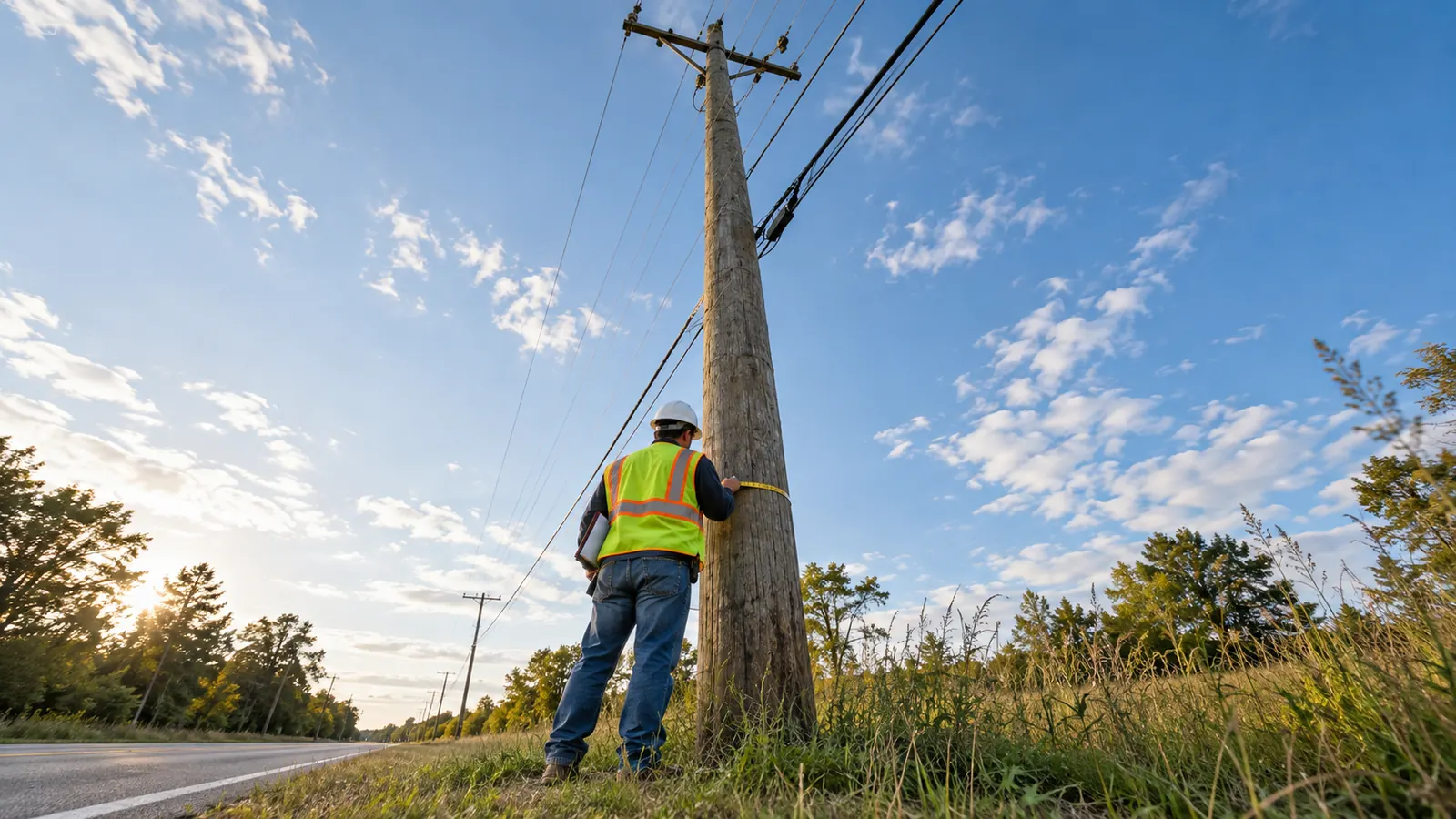 A worker in a hard hat and safety vest wraps a tape measure around a wooden utility pole beside a rural road.