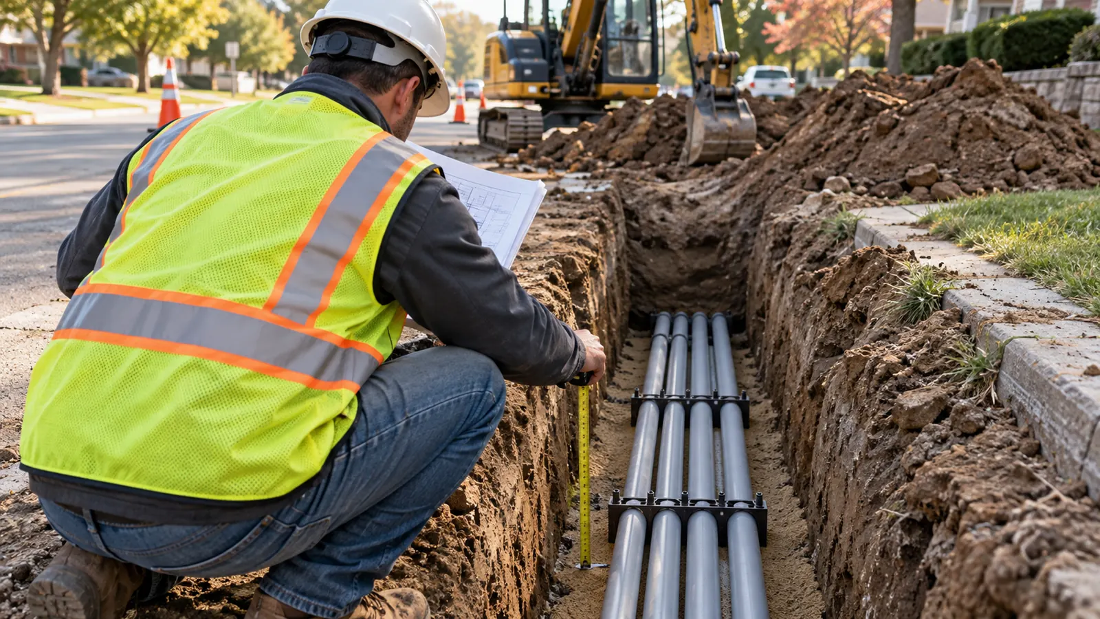A worker in a hard hat and vest holds plans and measures gray conduit in a roadside trench, a yellow excavator behind.