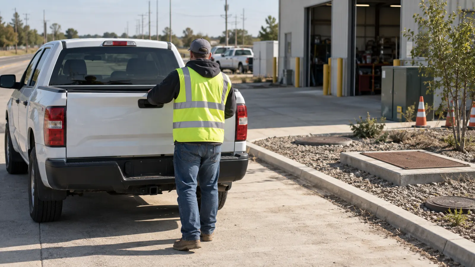 A worker in a safety vest reaches for a white pickup's tailgate near a shop building and utility access covers.