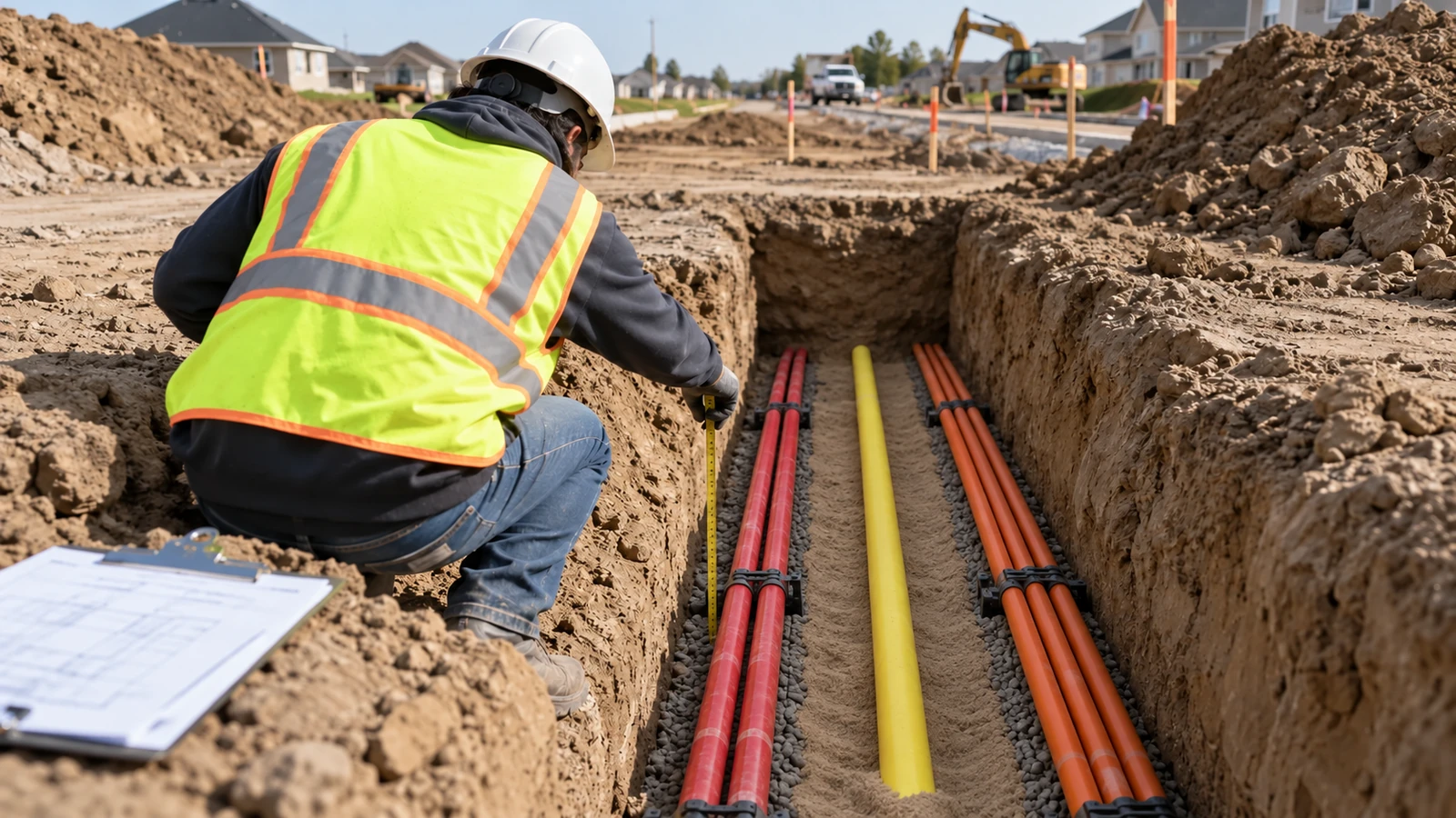 A worker in a hard hat and safety vest measures a trench holding red, yellow and orange pipes at a residential site.