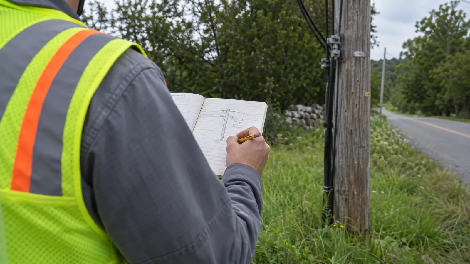 A worker in a high-visibility vest sketches a wooden utility pole in a notebook beside a rural two-lane road.