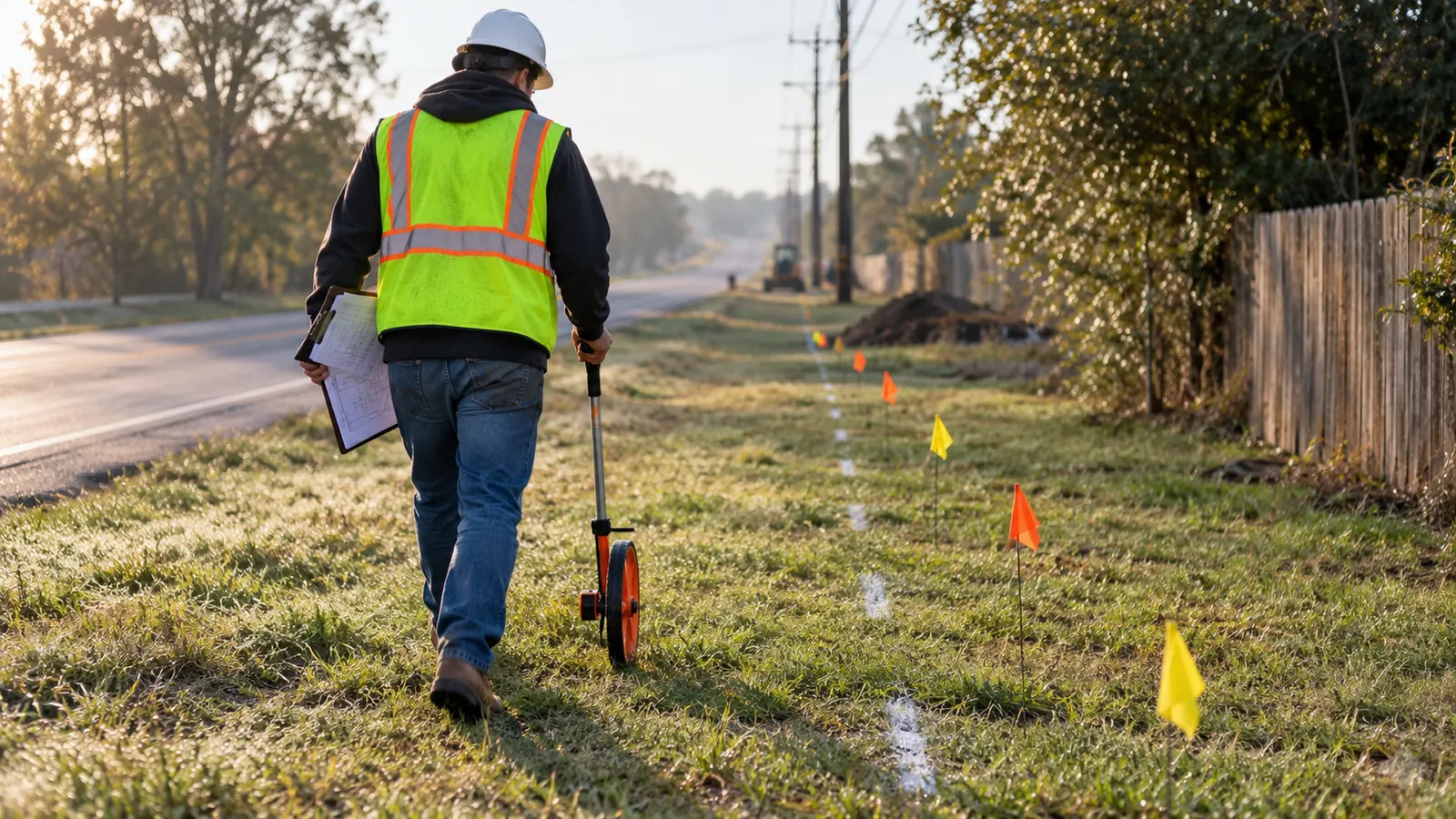 A worker in a hard hat and vest rolls a measuring wheel past marker flags on a grassy roadside, holding a clipboard.