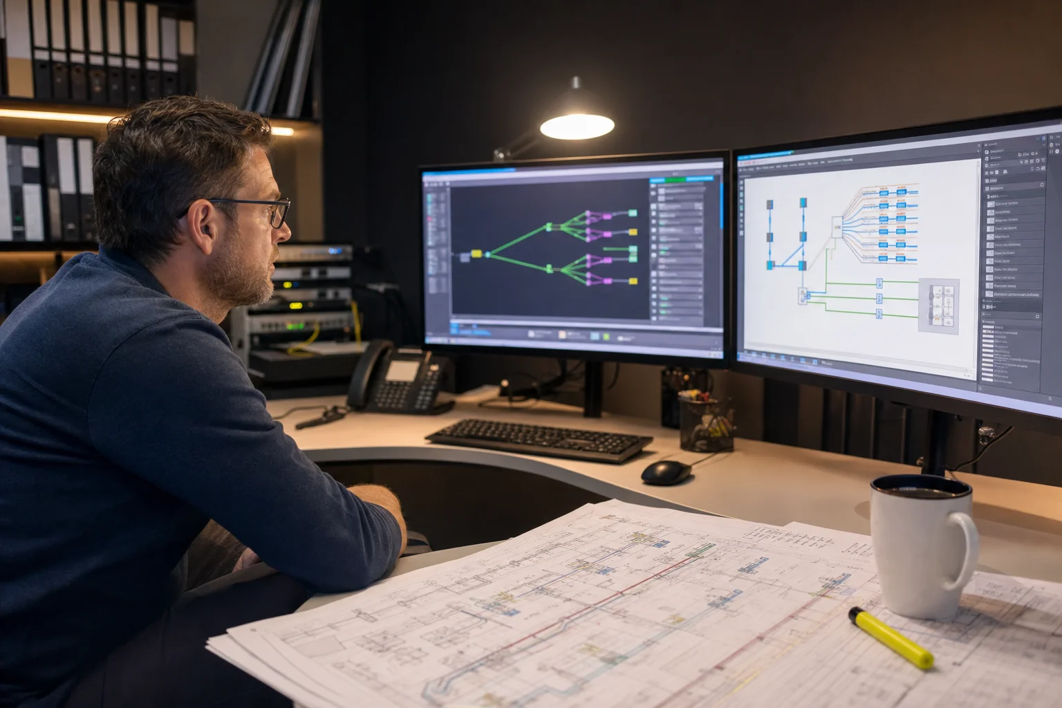 Telecom engineer reviewing FTTH fiber network design with GPON splitter tree diagrams and construction drawings on dual monitors in engineering office