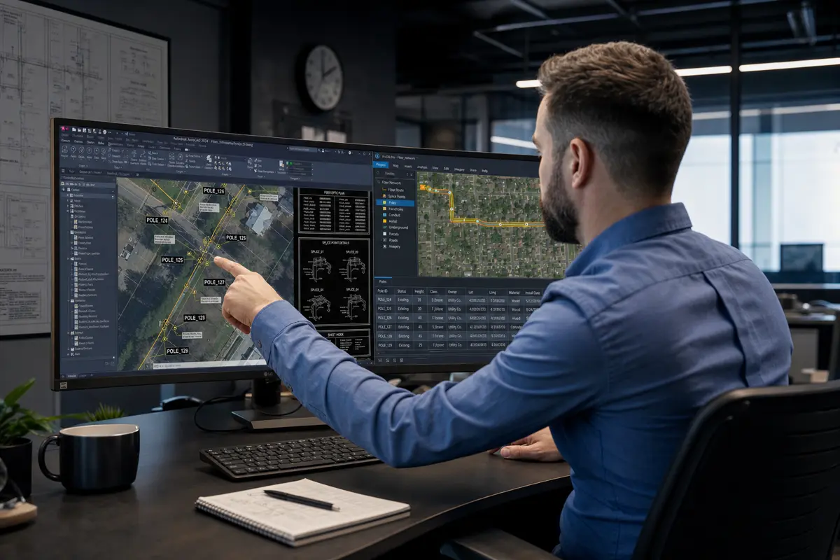 OSP engineer reviewing outside plant fiber route drawings on large monitor showing AutoCAD plan sheets and ArcGIS geodatabase with pole attachment data