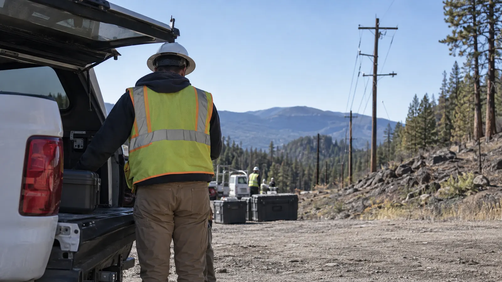 Worker in a hard hat reaches into a white pickup bed on a dirt road beside utility poles and pine-covered mountains.