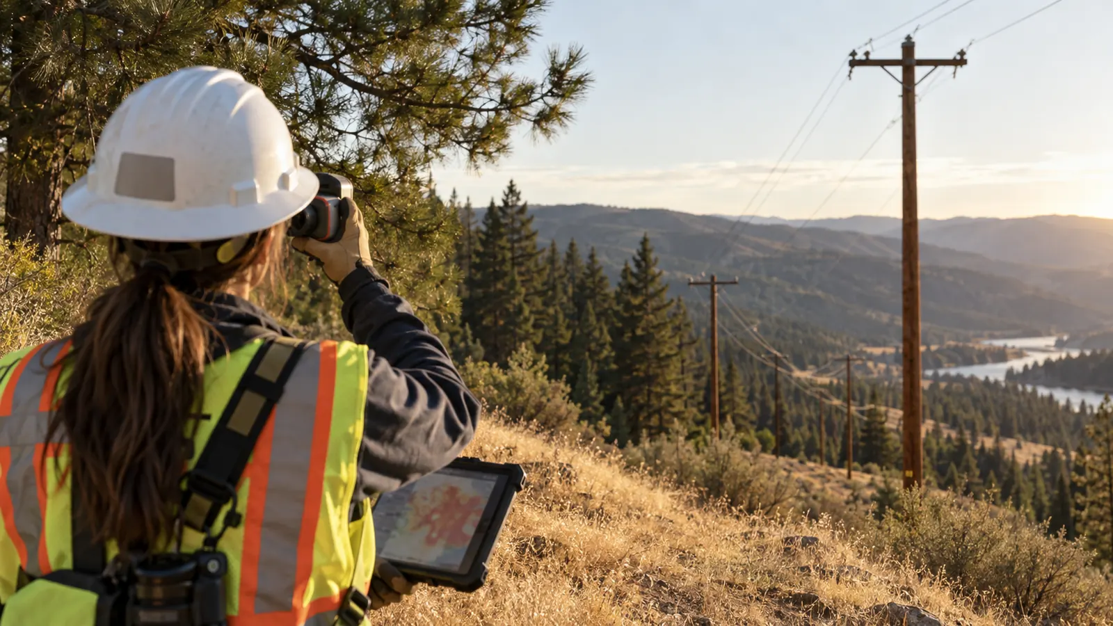 A worker in a white hard hat holds a tablet and aims a camera at wooden utility poles on a dry, forested hillside.