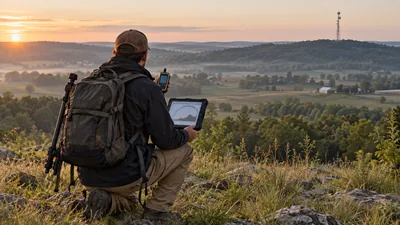 A person with a backpack kneels on a hilltop over farmland, holding a tablet and handheld device, a tower far off.