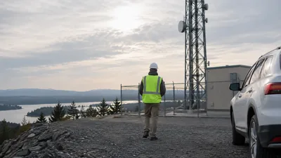 A worker in a hard hat and safety vest walks a gravel hilltop toward a fenced lattice tower, past a parked white SUV.