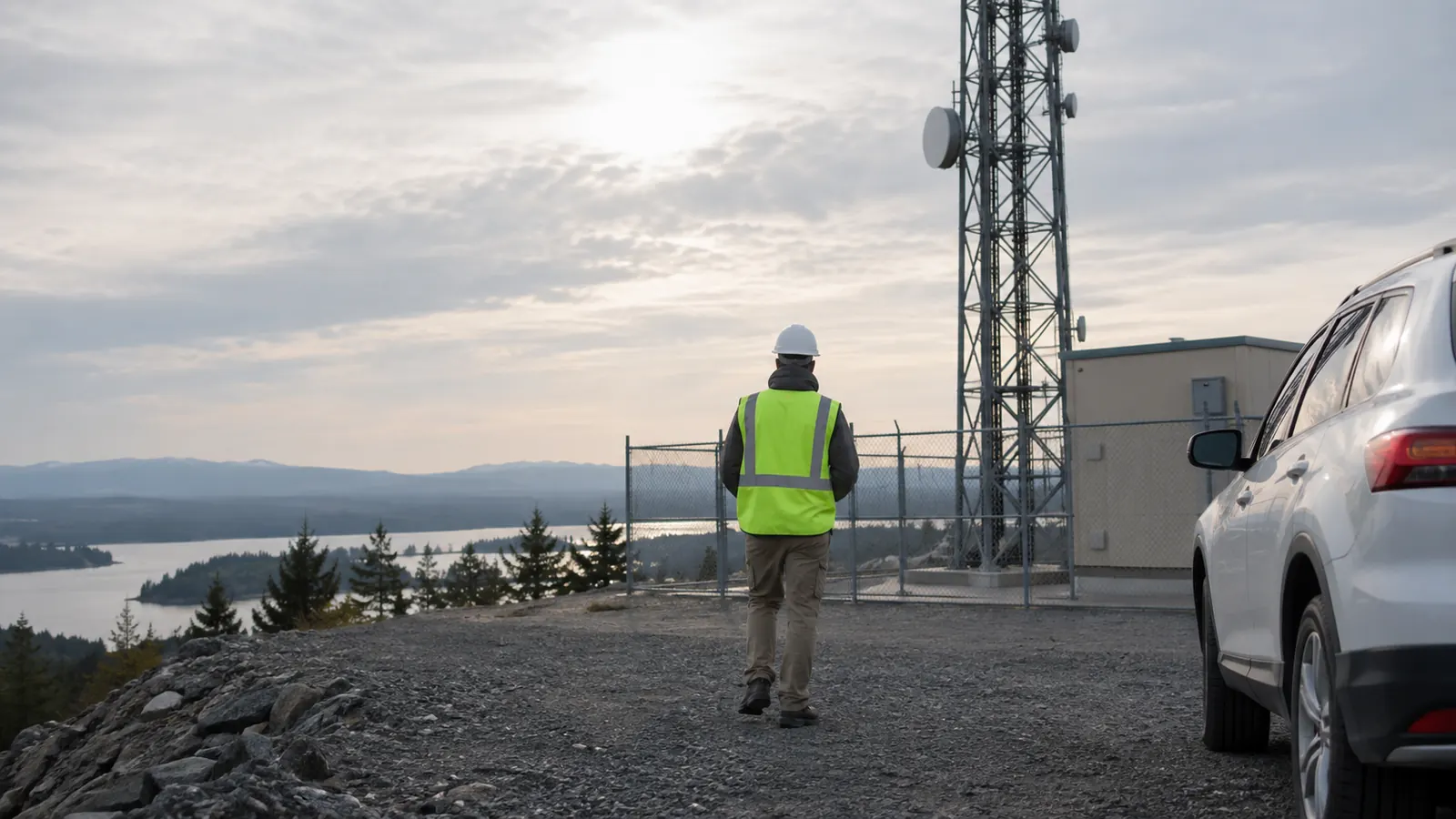 A worker in a hard hat and safety vest walks a gravel hilltop toward a fenced lattice tower, past a parked white SUV.
