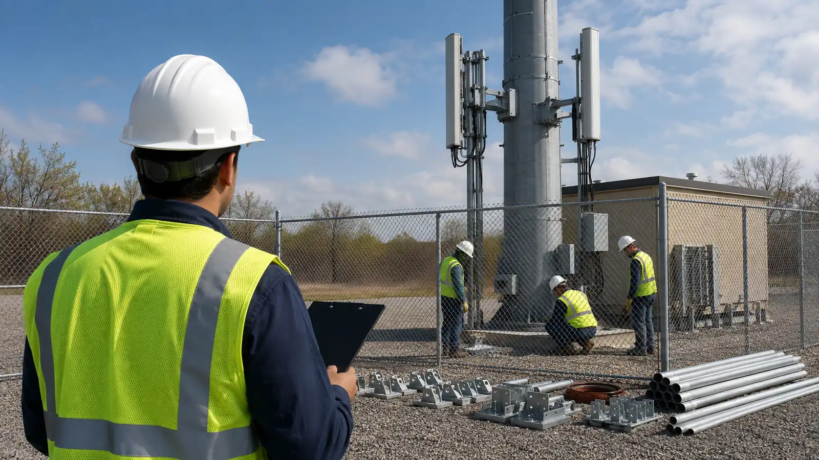 A construction manager observes a subcontractor crew inspecting equipment at a fenced monopole site