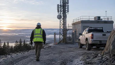 A worker in a hard hat and safety vest walks a frosty hilltop road toward a lattice tower and a white pickup.