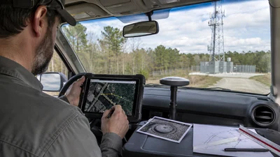 Wireless and OSP engineers reviewing a fiber route into a rural tower compound