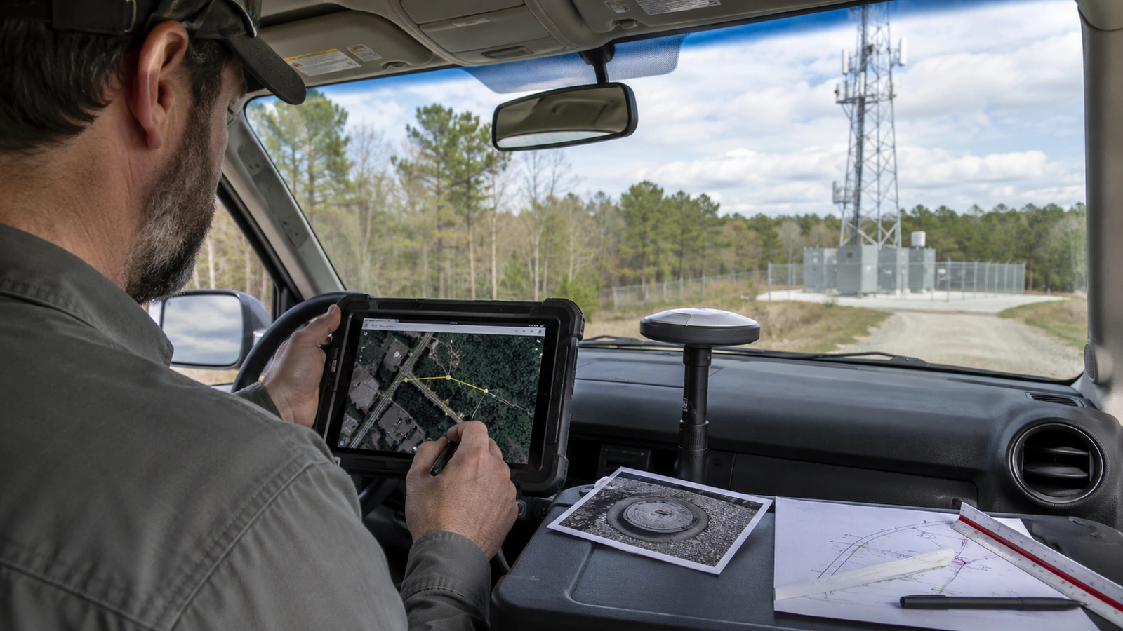 Wireless and OSP engineers reviewing a fiber route into a rural tower compound