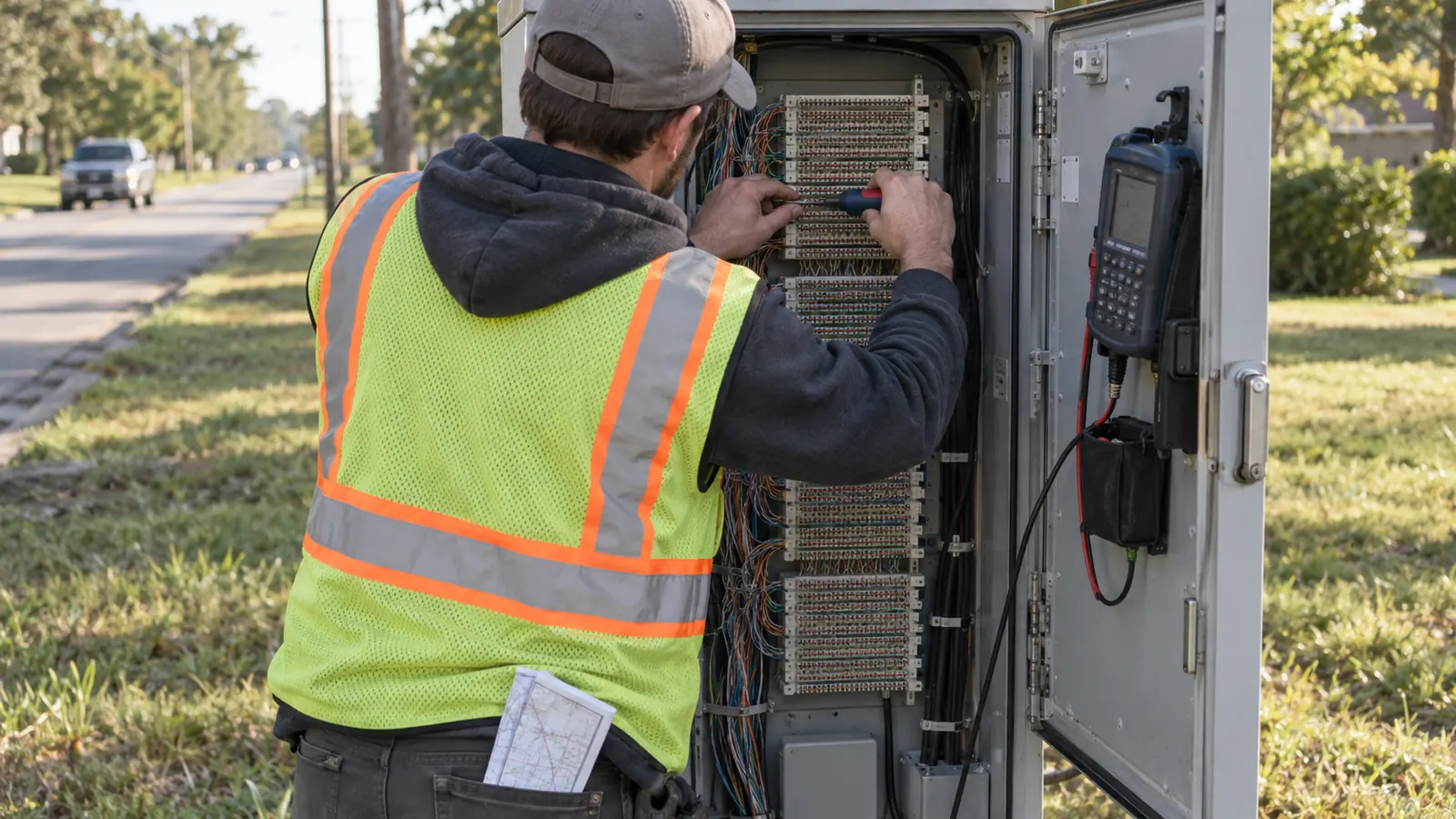 A worker in a safety vest uses a screwdriver on wire terminal blocks inside an open roadside equipment cabinet.