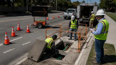 Telecom vault work zone with cones, barriers, crew PPE, and oversight inspection
