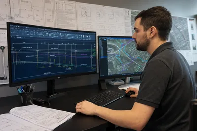Telecom drafter working on OSP permit drawings in AutoCAD on a wide-format monitor with fiber route maps on screen