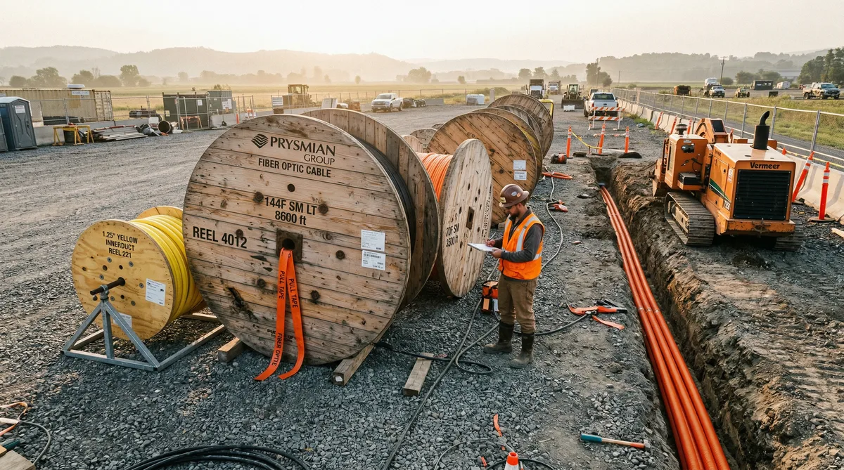 Large fiber optic cable reels staged at construction site next to open conduit trench with worker checking reel tags and measurements
