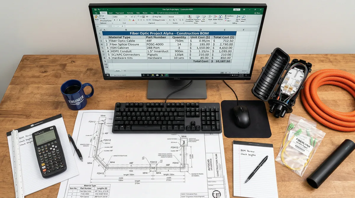 Engineers desk with fiber construction BOM spreadsheet on monitor, AutoCAD construction drawings, splice closure, connectors, and conduit samples