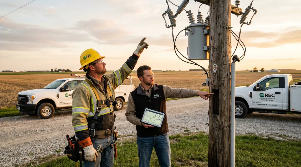 Aerial fiber cable overlashed on electric cooperative distribution poles in a rural service territory
