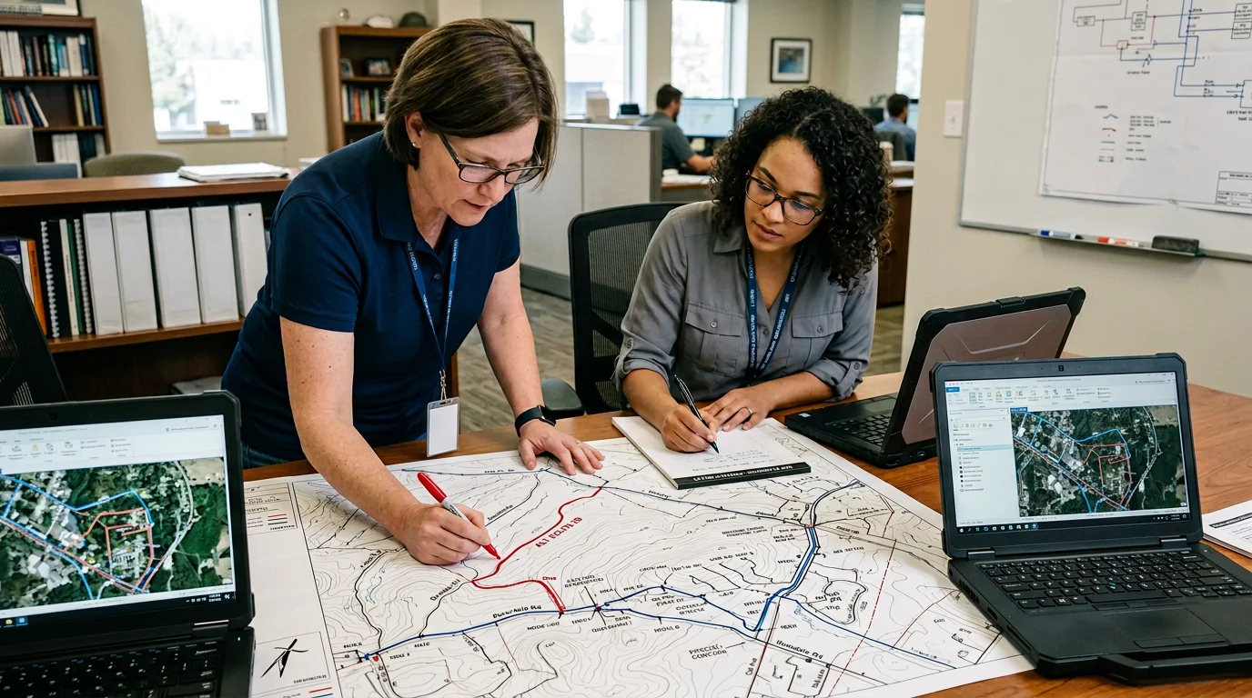 OSP engineer analyzing GIS fiber route optimization map on dual monitors showing terrain DEM layers and least-cost path analysis for rural ISP network