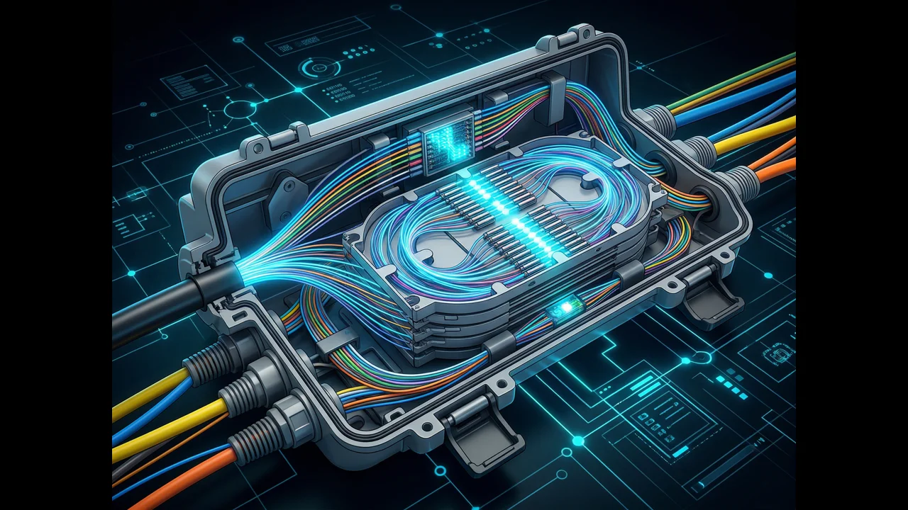 FTTH fiber optic splice closure showing LLD design with color-coded fiber strands