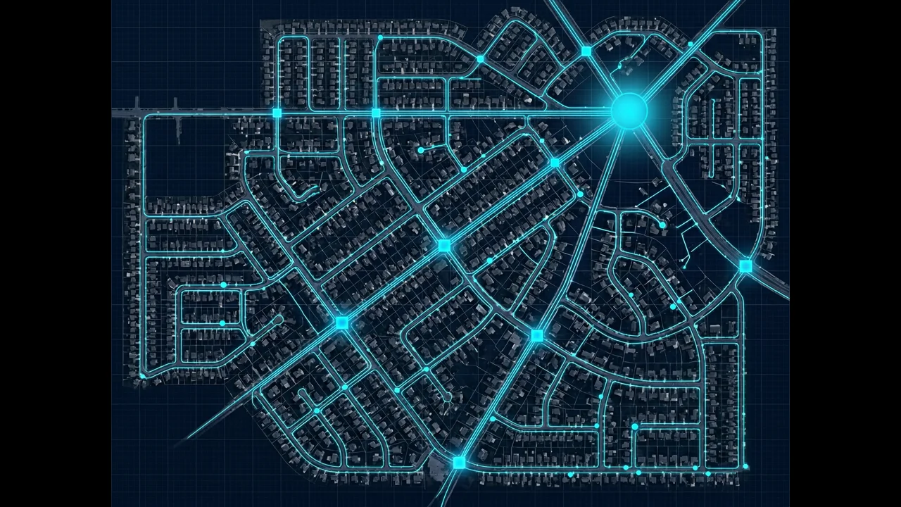 FTTH aerial fiber network design map showing distribution routes and splice points