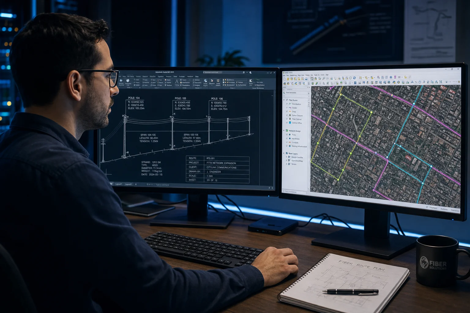 Fiber network design engineer at dual monitor QGIS AutoCAD workstation
