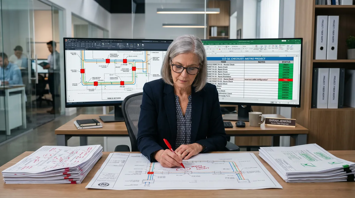 Fiber LLD construction drawings being reviewed with quality control checklist annotations