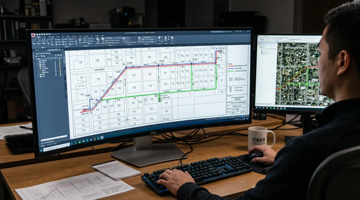 AutoCAD fiber network construction drawing showing aerial and underground routes with FDH locations and span distances